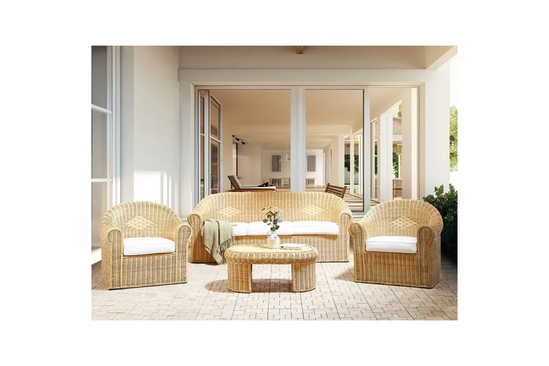 Loungegrupp med bord Beliani Livadeia Natural||White - Puutarhakalusteet - Terassiryhmät - Sohvaryhmät ulos