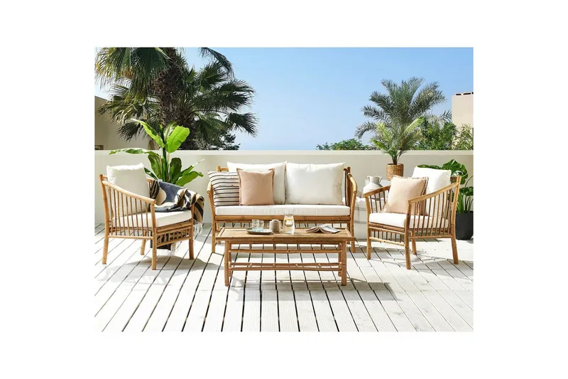 Loungegrupp med bord Beliani Maggiore Light wood||White - Puutarhakalusteet - Terassiryhmät - Sohvaryhmät ulos