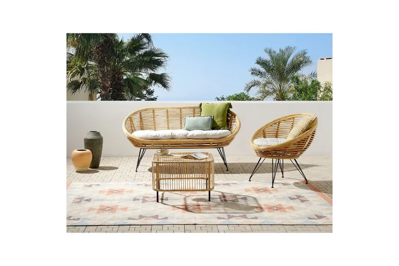 Loungegrupp med bord Beliani Maratea/Cesenatico 3-Sits Natural||Black||Beige - Puutarhakalusteet - Terassiryhmät - Sohvaryhmät ulos