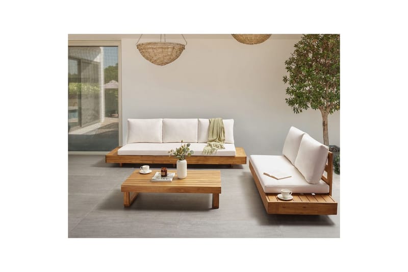 Loungegrupp med bord Beliani Marettimo Light wood, White - Puutarhakalusteet - Terassiryhmät - Sohvaryhmät ulos