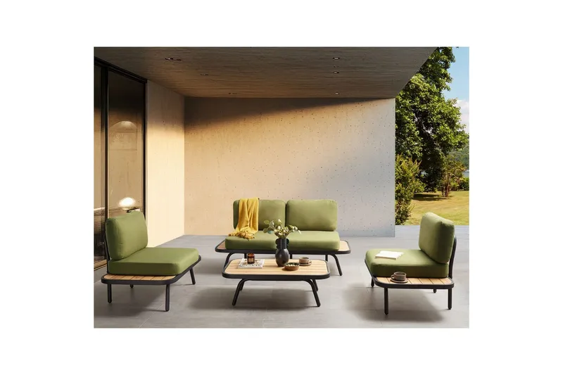 Loungegrupp med bord Beliani Minozzo Green||Black||Light wood - Puutarhakalusteet - Terassiryhmät - Sohvaryhmät ulos