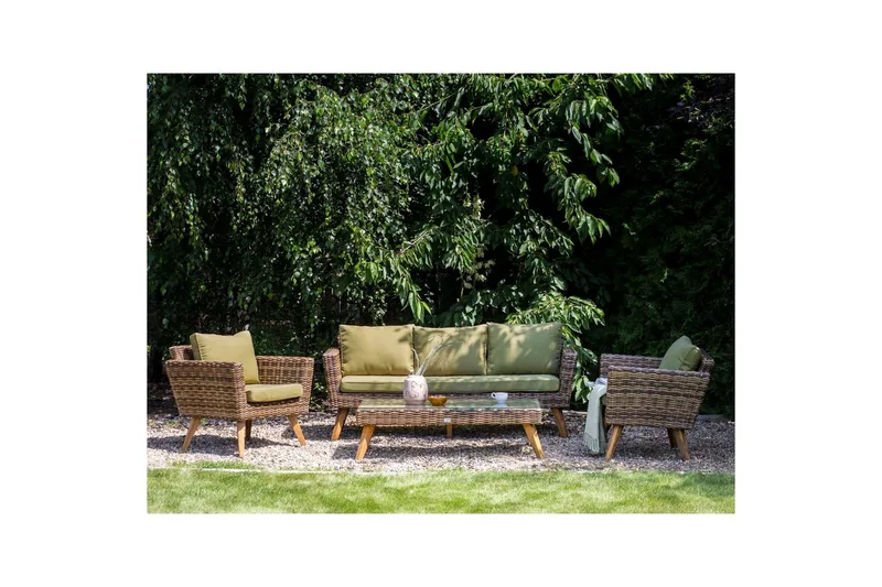 Loungegrupp med bord Beliani Vittoria Beige/grönt/mörkt trä, 5-Sits Beige||Green||Dark wood - Puutarhakalusteet - Terassiryhmät - Sohvaryhmät ulos