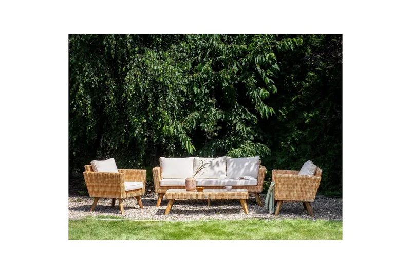Loungegrupp med bord Beliani Vittoria Beige/grönt/mörkt trä, 5-Sits Beige||White||Light wood - Puutarhakalusteet - Terassiryhmät - Sohvaryhmät ulos