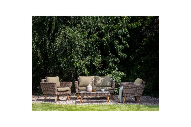 Loungegrupp med bord Beliani Vittoria Naturligt/grönt/ljust trä, 4-Sits Natural||Green||Light wood - Puutarhakalusteet - Terassiryhmät - Sohvaryhmät ulos