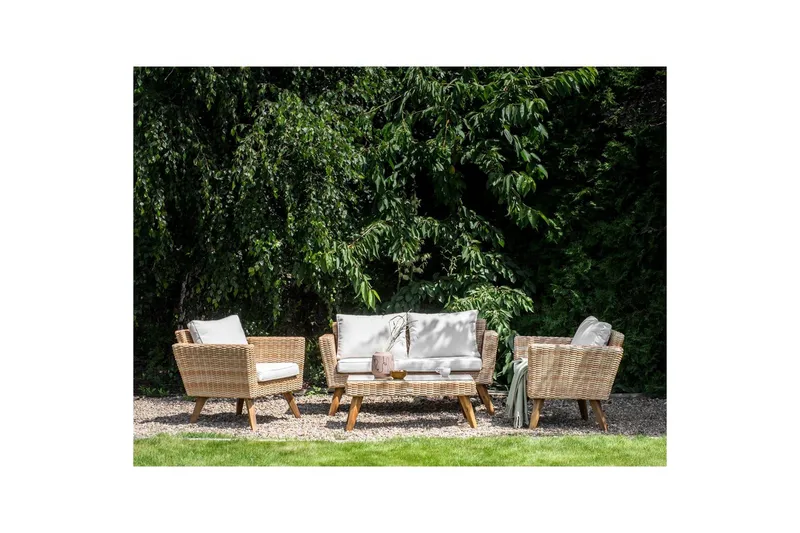 Loungegrupp med bord Beliani Vittoria Naturligt/grönt/ljust trä, 4-Sits Natural||White||Light wood - Puutarhakalusteet - Terassiryhmät - Sohvaryhmät ulos