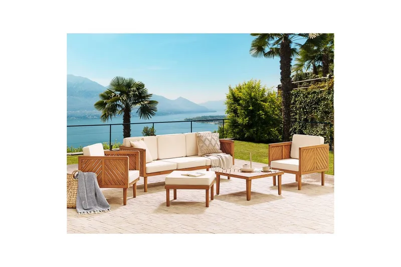 Loungegrupp med fotpall Beliani Baratti Light wood||Beige - Puutarhakalusteet - Terassiryhmät - Sohvaryhmät ulos
