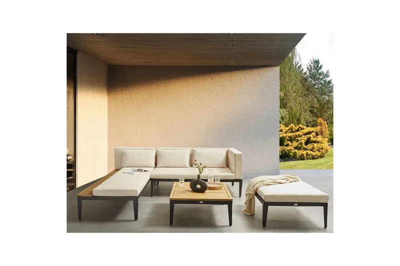 Loungegrupp med fotpall Beliani Bracciano 3-Sits Beige||Light wood||Black - Puutarhakalusteet - Terassiryhmät - Sohvaryhmät ulos