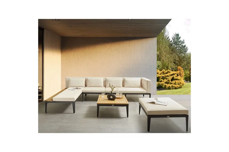 Loungegrupp med fotpall Beliani Bracciano 4-Sits Beige||Light wood||Black - Puutarhakalusteet - Terassiryhmät - Sohvaryhmät ulos