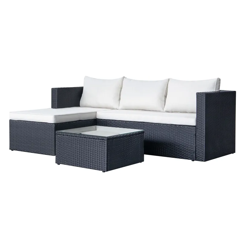 Mendoza L-mallinen 4-istuttava sohvaryhmä polyrottinkia parvekkeelle ja terassille - Musta / valkoiset pehmusteet - Puutarhakalusteet - Terassiryhmät - Sohvaryhmät ulos