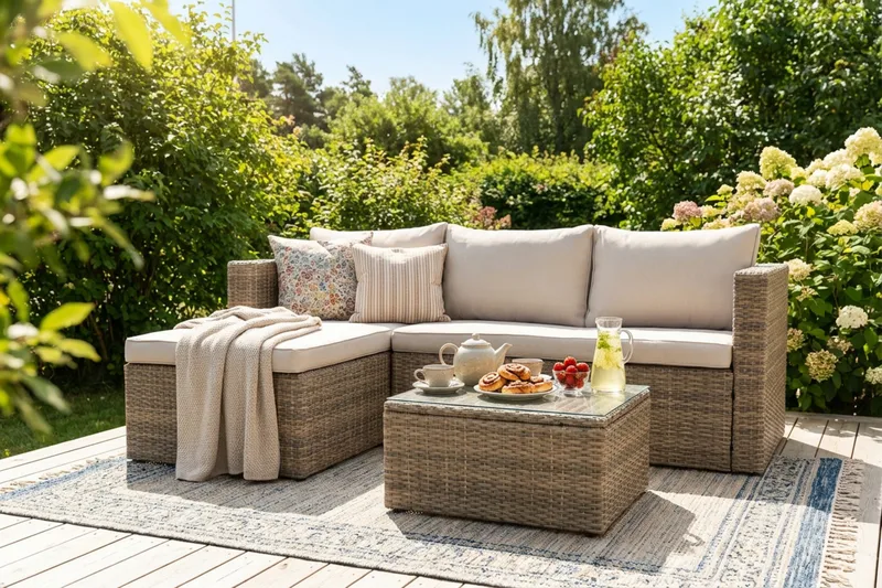 Mendoza L-mallinen 4-istuttava sohvaryhmä polyrottinkia parvekkeelle ja terassille - Ruskeat / beiget pehmusteet - Puutarhakalusteet - Terassiryhmät - Sohvaryhmät ulos