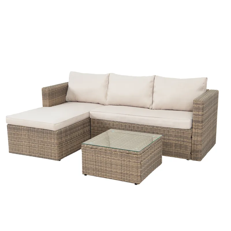 Mendoza L-mallinen 4-istuttava sohvaryhmä polyrottinkia parvekkeelle ja terassille - Ruskeat / beiget pehmusteet - Puutarhakalusteet - Terassiryhmät - Sohvaryhmät ulos