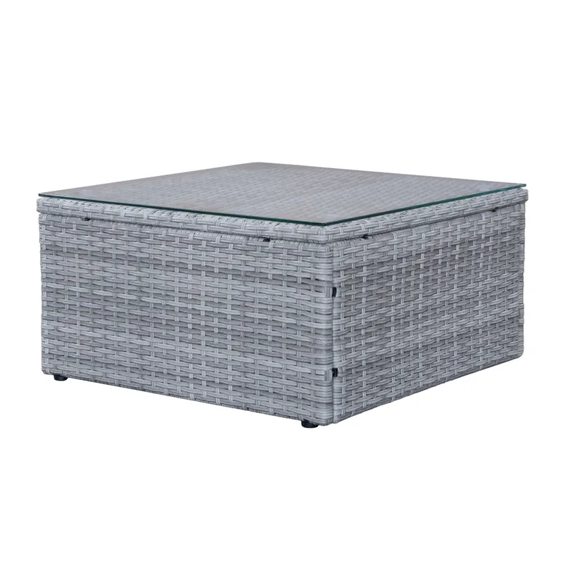 Mendoza L-mallinen 4-istuttava sohvaryhmä polyrottinkia parvekkeelle ja terassille - Harmaat / siniset pehmusteet - Puutarhakalusteet - Terassiryhmät - Sohvaryhmät ulos