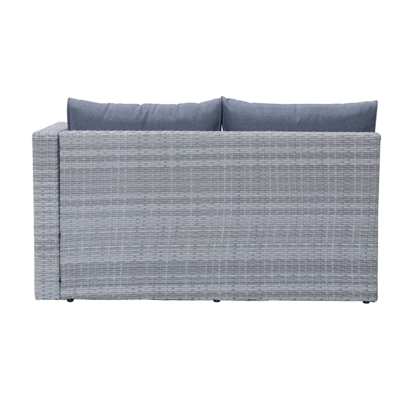 Mendoza L-mallinen 4-istuttava sohvaryhmä polyrottinkia parvekkeelle ja terassille - Harmaat / siniset pehmusteet - Puutarhakalusteet - Terassiryhmät - Sohvaryhmät ulos
