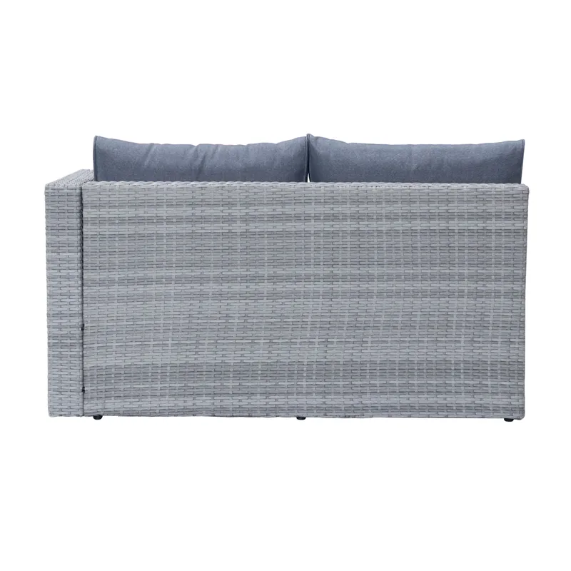 Mendoza L-mallinen 4-istuttava sohvaryhmä polyrottinkia parvekkeelle ja terassille - Harmaat / siniset pehmusteet - Puutarhakalusteet - Terassiryhmät - Sohvaryhmät ulos