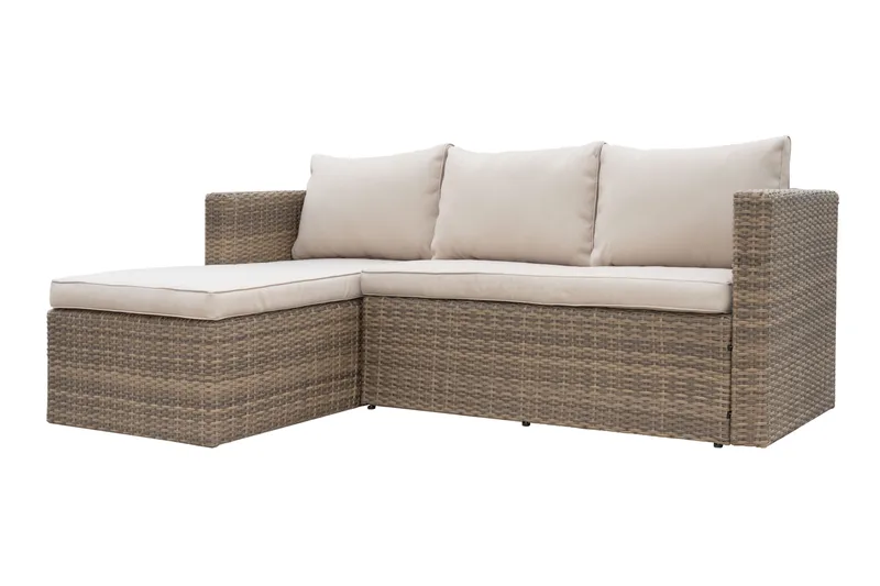 Mendoza L-mallinen 4-istuttava sohvaryhmä polyrottinkia parvekkeelle ja terassille - Ruskeat / beiget pehmusteet - Puutarhakalusteet - Terassiryhmät - Sohvaryhmät ulos