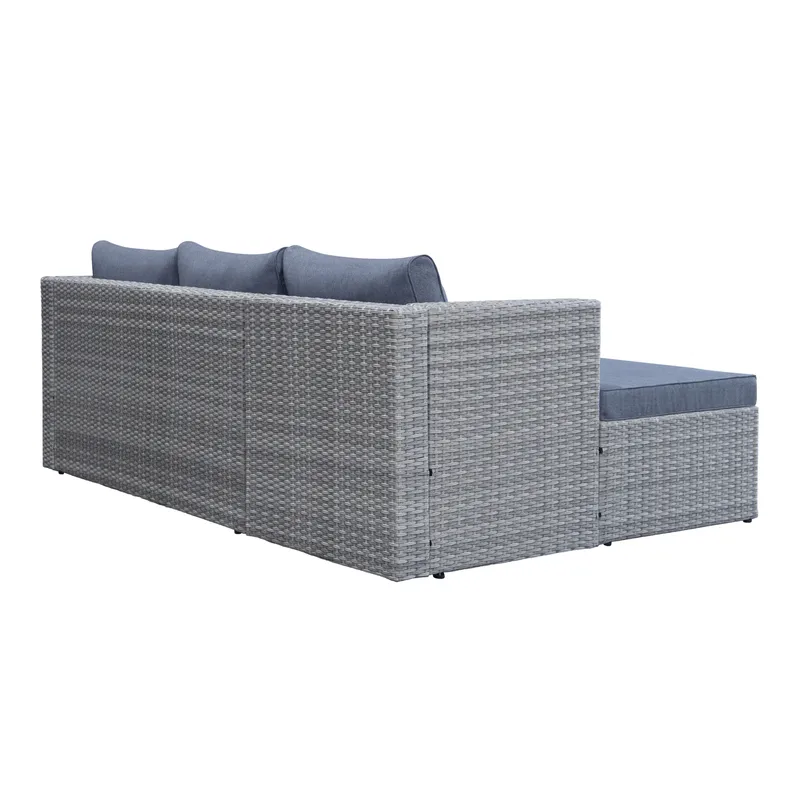 Mendoza L-mallinen 4-istuttava sohvaryhmä polyrottinkia parvekkeelle ja terassille - Harmaat / siniset pehmusteet - Puutarhakalusteet - Terassiryhmät - Sohvaryhmät ulos