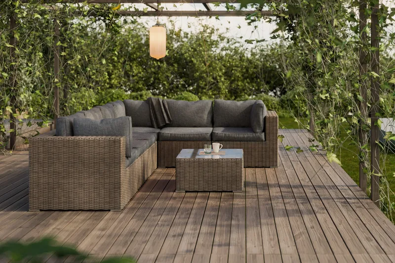 Oleskeluryhmä Marcus - Harmaa Pöytä Kulmasohva - Puutarhakalusteet - Terassiryhmät - Oleskeluryhmät