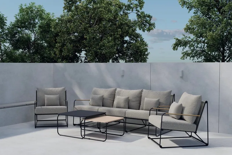 Palazzo oleskeluryhmä 3-istuttava sohva + 2 nojatuolia pöydällä ulkokäyttöön, Musta