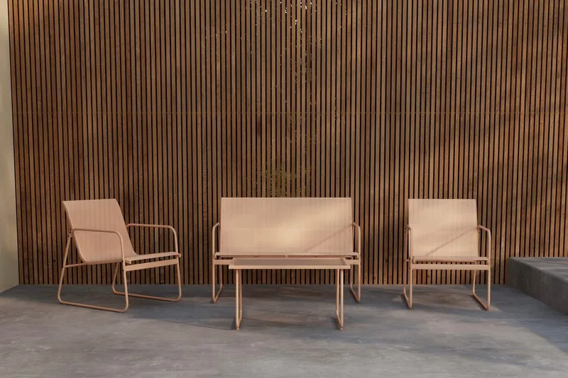 Scopello oleskeluryhmä 2-istuttava sohva + 2 nojatuolia pöydällä ulkokäyttöön, Beige