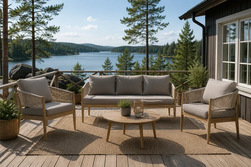 Siana 4-istuttava lounge-ryhmä puujäljitelmää, köysiyksityiskohdat - Luonnonväri / Beige - Puutarhakalusteet - Terassiryhmät - Oleskeluryhmät