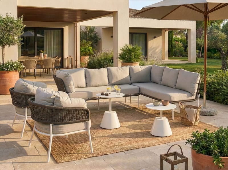 Sohvaryhmä ulos 7-istuttava Robella pöydällä - Beige/Valkoinen/Ruskea - Puutarhakalusteet - Terassiryhmät - Sohvaryhmät ulos