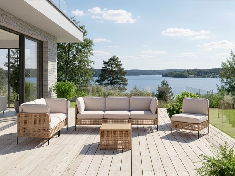 Sohvaryhmä ulos pöydällä 6-istuttava Omegana modulaarinen polyrottinki - Beige/Musta - Puutarhakalusteet - Terassiryhmät - Sohvaryhmät ulos