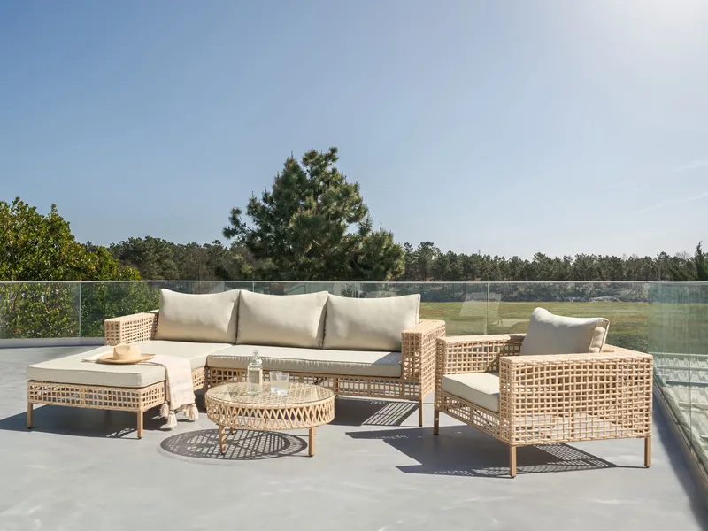 Sohvaryhmä ulos pöydällä 4-istuttava Calasetta oikeakätinen polyrottinki - Beige - Puutarhakalusteet - Terassiryhmät - Sohvaryhmät ulos