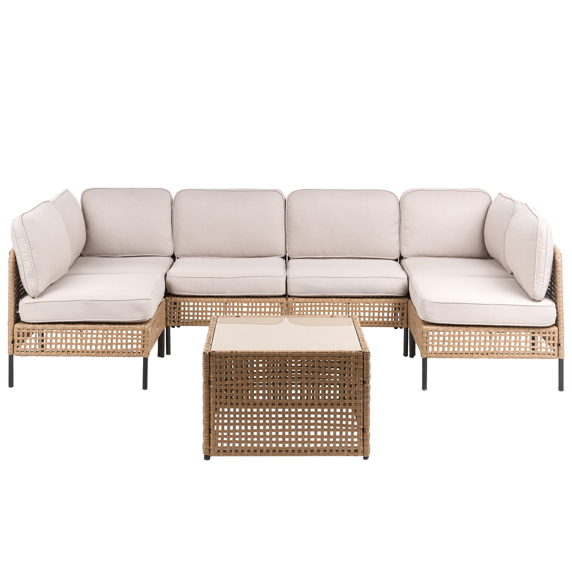 U-muotoinen sohva ulos 6-istuttava Omegana modulaarinen polyrottinki - Beige/Musta