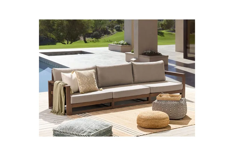 3-sitssoffa Beliani Timor Ljus trä/grått/beige, Ja Dark wood||Grey||Beige - Puutarhakalusteet - Ulkosohva & puutarhapenkki - Puutarhasohva