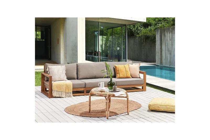 3-sitssoffa Beliani Timor Ljus trä/grått/beige, Ja Light wood||Grey||Beige - Puutarhakalusteet - Ulkosohva & puutarhapenkki - Puutarhasohva