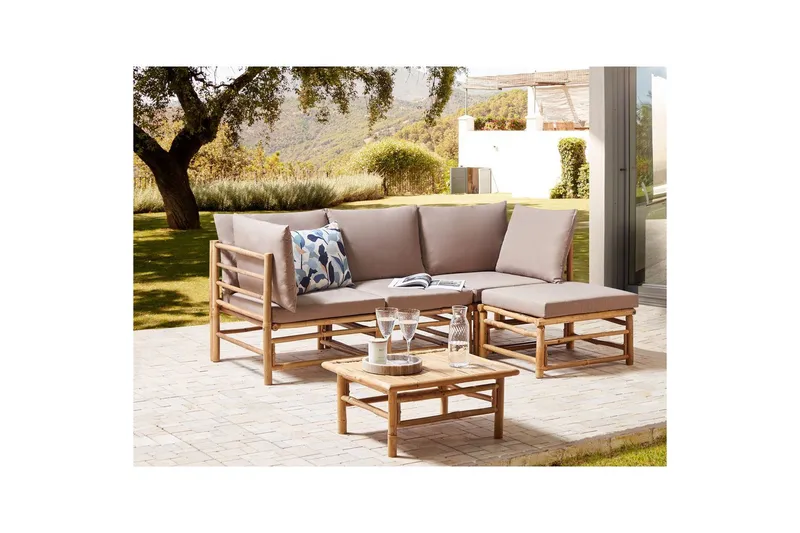 Hörnsoffa Beliani Cerreto Beige/ljust trä, 4-Sits Beige||Light wood - Puutarhakalusteet - Terassiryhmät - Oleskeluryhmät