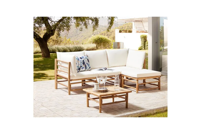 Hörnsoffa Beliani Cerreto Beige/ljust trä, 4-Sits White||Light wood - Puutarhakalusteet - Terassiryhmät - Oleskeluryhmät