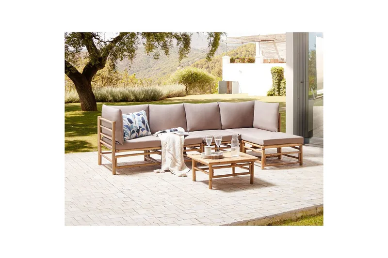 Hörnsoffa Beliani Cerreto Beige/ljust trä, 5-Sits Beige||Light wood - Puutarhakalusteet - Terassiryhmät - Oleskeluryhmät