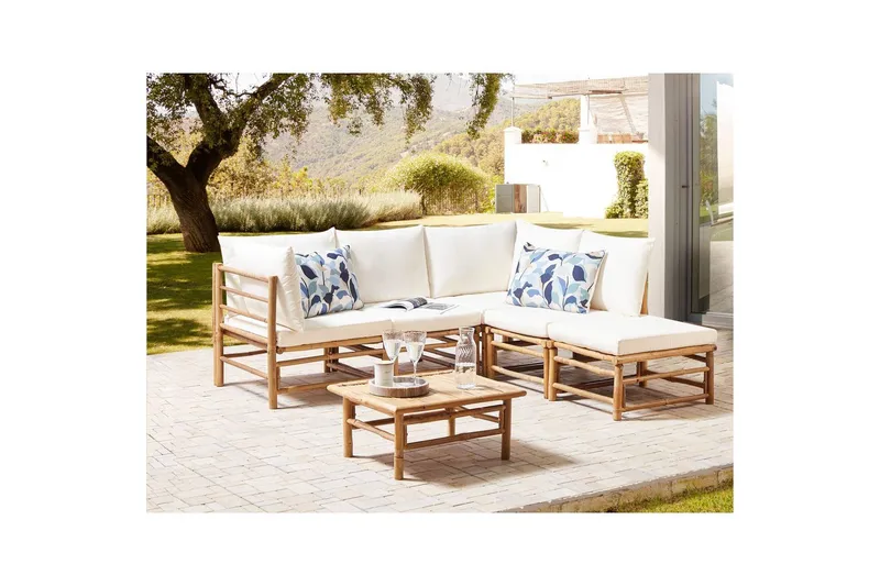 Hörnsoffa Beliani Cerreto Beige/ljust trä, 5-Sits White||Light wood - Puutarhakalusteet - Terassiryhmät - Oleskeluryhmät