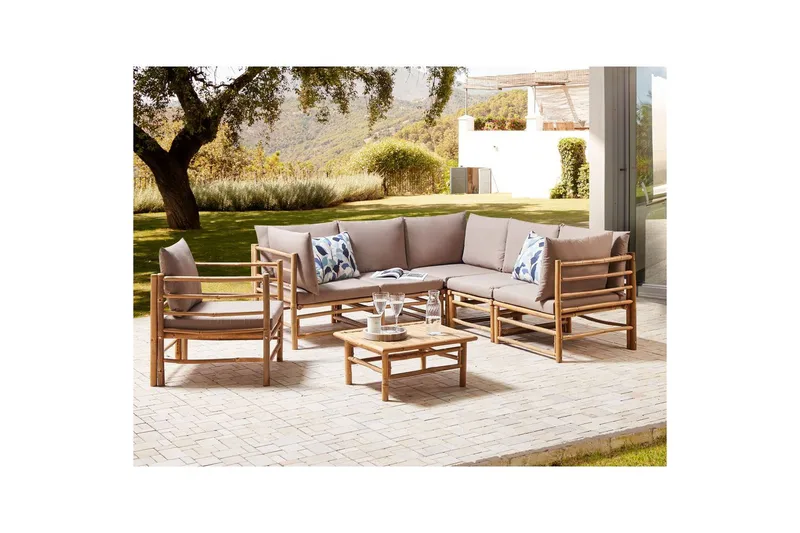 Hörnsoffa Beliani Cerreto Beige/ljust trä, 6-Sits Beige||Light wood - Puutarhakalusteet - Terassiryhmät - Oleskeluryhmät