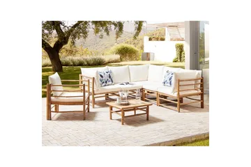 Hörnsoffa Beliani Cerreto Beige/ljust trä, 6-Sits White||Light wood - Puutarhakalusteet - Terassiryhmät - Oleskeluryhmät