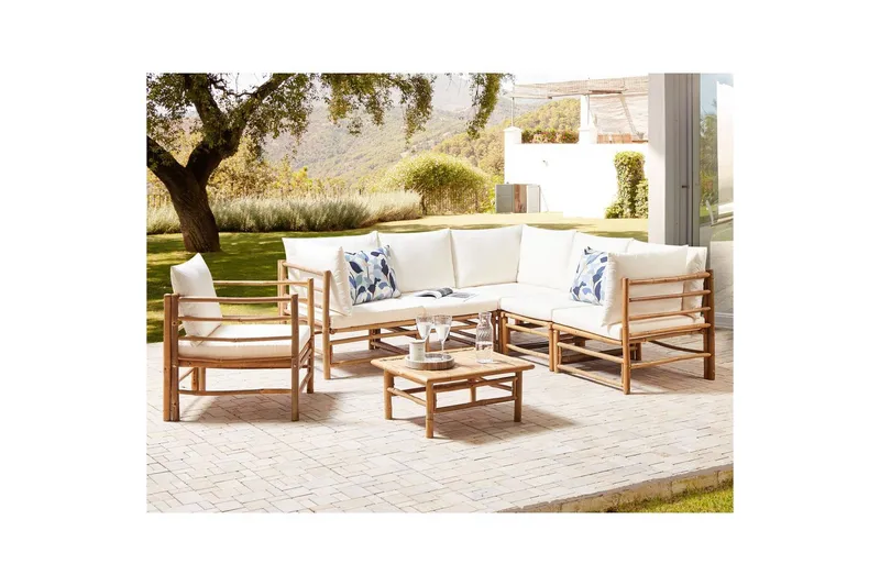 Hörnsoffa Beliani Cerreto Beige/ljust trä, 6-Sits White||Light wood - Puutarhakalusteet - Terassiryhmät - Oleskeluryhmät