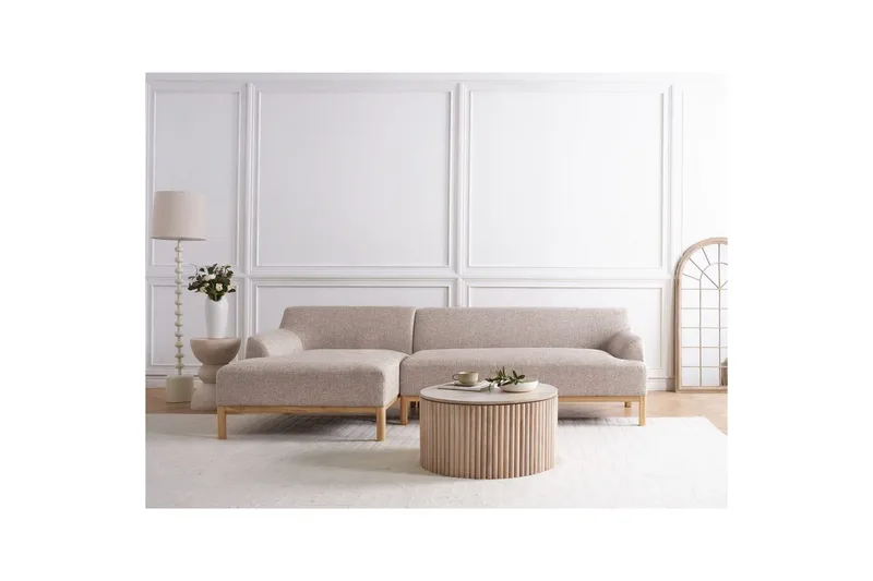 Hörnsoffa Beliani Sosjo Beige, ljust trä, Högervänd Brown||Light colored wood Left-faced - Huonekalut - Sohva - Kulmasohva - Kulmadivaanisohva