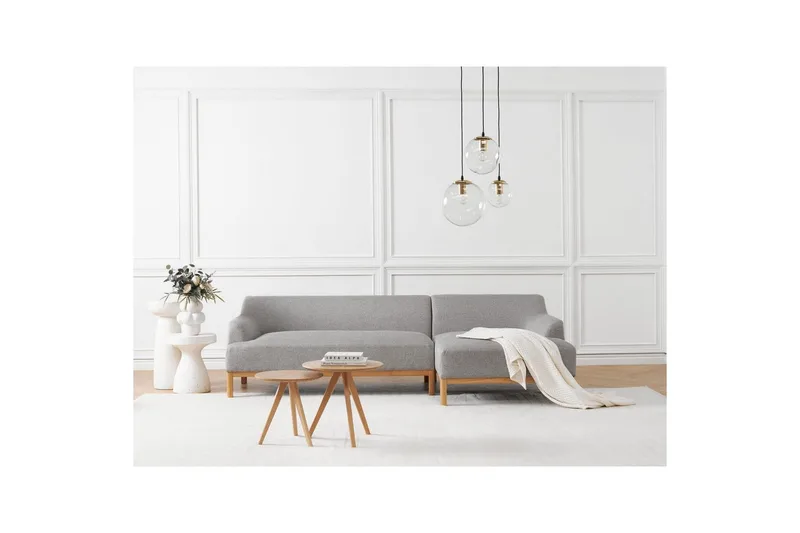 Hörnsoffa Beliani Sosjo Beige, ljust trä, Högervänd Grey||Light colored wood Right-faced - Huonekalut - Sohva - Kulmasohva - Kulmadivaanisohva