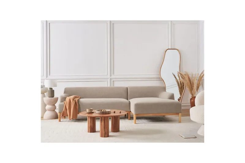 Hörnsoffa Beliani Sosjo Beige, ljust trä, Högervänd Taupe Right-faced - Huonekalut - Sohva - Kulmasohva - Kulmadivaanisohva