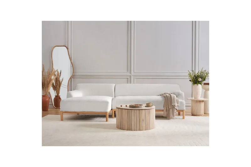 Hörnsoffa Beliani Sosjo Beige, ljust trä, Högervänd White||Light colored wood Left-faced - Huonekalut - Sohva - Kulmasohva - Kulmadivaanisohva