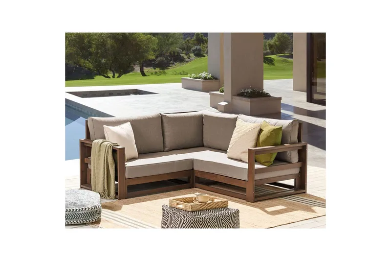 Hörnsoffa Beliani Timor Ljus trä/grått/beige, Ja Dark wood||Grey||Beige - Puutarhakalusteet - Ulkosohva & puutarhapenkki - Puutarhasohva