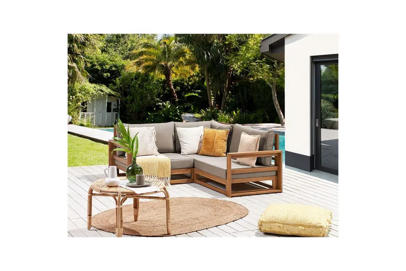 Hörnsoffa Beliani Timor Ljus trä/grått/beige, Ja Light wood||Grey||Beige - Puutarhakalusteet - Ulkosohva & puutarhapenkki - Puutarhasohva