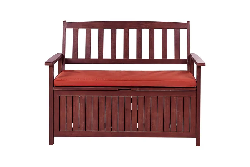 Trädgårdsbänk med dyna Beliani Sovana Mörk trä/vit, 120 cm Brown||Red - Puutarhakalusteet - Ulkosohva & puutarhapenkki - Puutarhapenkki & ulkopenkki
