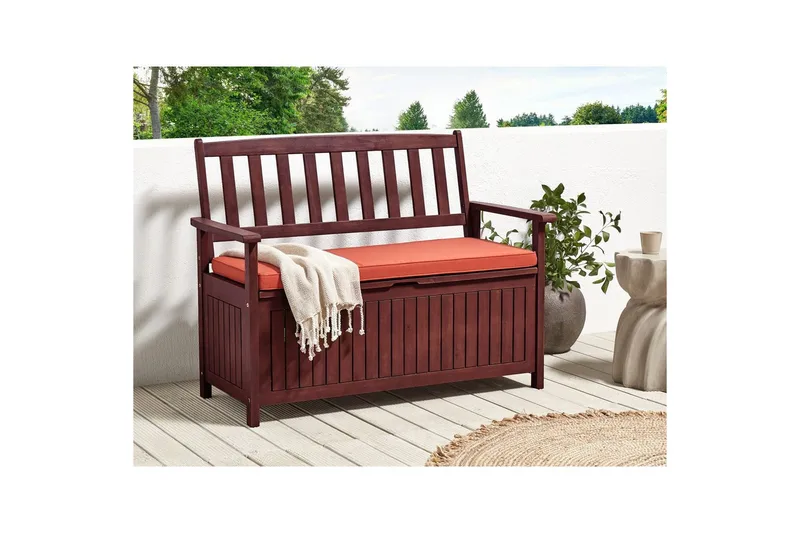 Trädgårdsbänk med dyna Beliani Sovana Mörk trä/vit, 120 cm Brown||Red - Puutarhakalusteet - Ulkosohva & puutarhapenkki - Puutarhapenkki & ulkopenkki