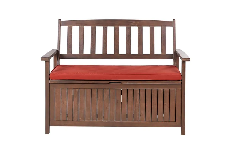 Trädgårdsbänk med dyna Beliani Sovana Mörk trä/vit, 120 cm Dark wood||Red - Puutarhakalusteet - Ulkosohva & puutarhapenkki - Puutarhapenkki & ulkopenkki