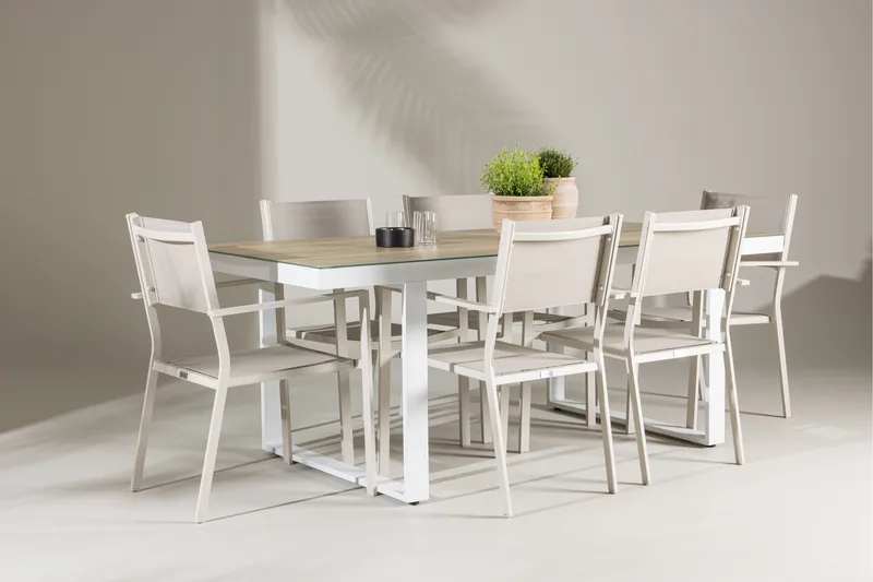 Merlo ruokailuryhmä 200 cm + 6 Copacabana-tuolia beige/valkoinen - Puutarhakalusteet - Ulkoryhmä - Ruokailuryhmät ulos