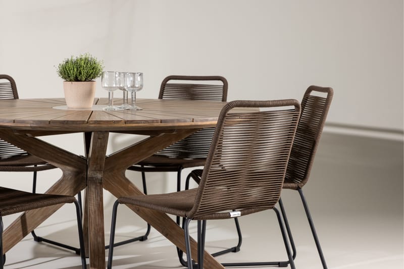 Rosario ruokailuryhmä pyöreä 140 cm + 6 Lindos-tuolia ruskea - Puutarhakalusteet - Ulkoryhmä - Ruokailuryhmät ulos