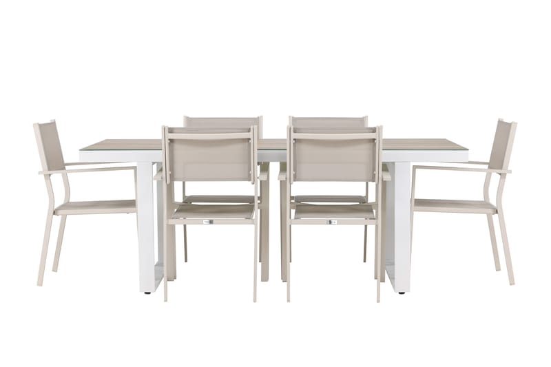 Merlo ruokailuryhmä 200 cm + 6 Copacabana-tuolia beige/valkoinen - Puutarhakalusteet - Ulkoryhmä - Ruokailuryhmät ulos
