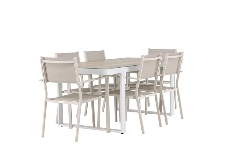 Merlo ruokailuryhmä 200 cm + 6 Copacabana-tuolia beige/valkoinen - Puutarhakalusteet - Ulkoryhmä - Ruokailuryhmät ulos